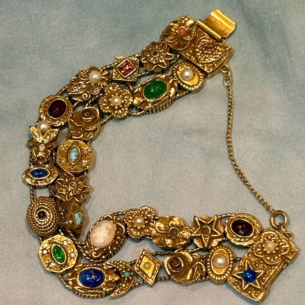 Vintage Vintage Goldette Two Row Slide Bracelet w Multi Charms Signed